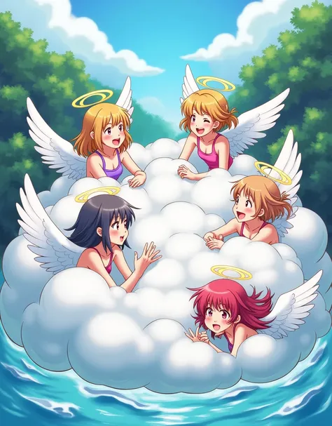 An anime-style illustration depicting many angel-girls playfully wrestling with each other inside a paradise comical fight cloud.
each angel-girl has different colored hair.
their faces,hands,and feet are visible emerging from the cloud as they tussle humo...