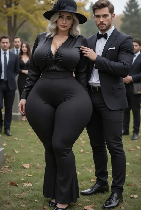  Hyperrealistic image,  definition HD . 58 year old sexy widow,  curvilinear,  voluptuous,  hourglass figure,  wasp waist,   wide hips,  thick legs,  Big fat butt, big busts.  Wear very tight flared black pants,   black satin blouse ,  fascinator black hat...