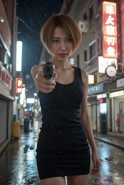 1 female、 Japanese Beauties、Super beautiful、 Facial Beauty 、 blue eyes、 permanent、New York、mini skirt、golden hair、Night Street、backlight、The wind is blowing、it&#39;rain、 He's staring intently at the barrel.、 firing upward in the thigh 、 Pointing Pistol 