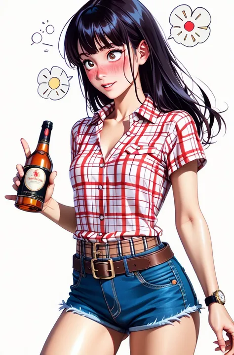  Japanese beautiful girl ,Naked flight attendants,(It's 1 :2.0),( watches viewers:1.0),(red and black plaid _ short sleeve collared cowgirl shirt :1.1),( denim micro shorts:1.1),( slender body:1.2),(hiccupping face :1.2),real skin ,small breasts,  Shiny Bl...