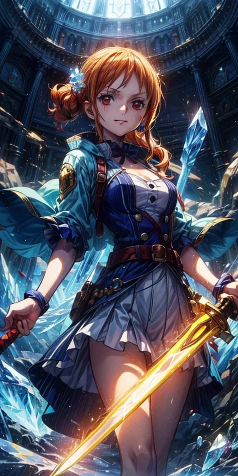 (最高 Masterpiece,  top quality, 4K, 8k,  high resolution, Masterpiece:1.2), Nami in One Piece,smile,( paladin),Miracle,Power Spot, fantastic world, White Light Spot,(Holy Sword), She's on an adventure to defeat the demon king, is a master of sword skills,(C...