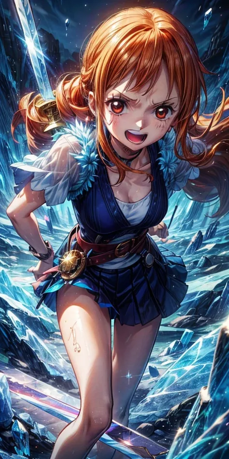 (最高 Masterpiece,  top quality, 4K, 8k,  high resolution, Masterpiece:1.2), Nami in One Piece,smile,( paladin),Miracle,Power Spot, fantastic world, White Light Spot,(Holy Sword), She's on an adventure to defeat the demon king, is a master of sword skills,(C...