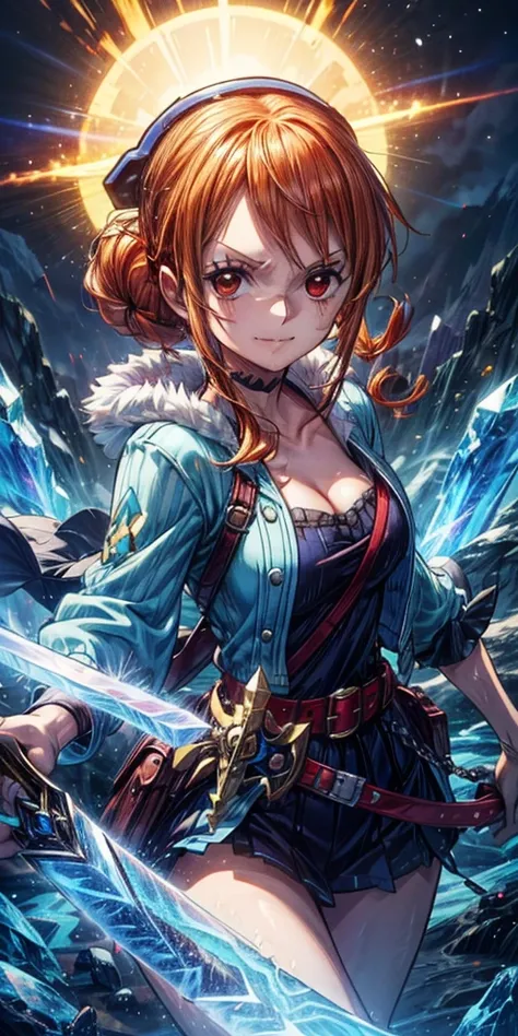 (最高 Masterpiece,  top quality, 4K, 8k,  high resolution, Masterpiece:1.2), Nami in One Piece,smile,( paladin),Miracle,Power Spot, fantastic world, White Light Spot,(Holy Sword), She's on an adventure to defeat the demon king, is a master of sword skills,(C...