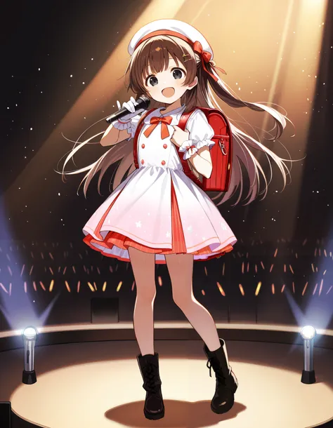 (littlegirl) (solo) ((cute dress)) (colorful dress) (idol dress) (slender body) (thin body), (brown hair) (black eyes) (longhair), happy and confident expression. full body,  stage, long hair, hair clip, hair ribbon, hair ornaments, (ch1ldren playing), sho...