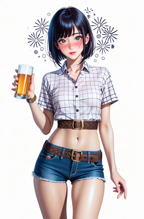  Japanese beautiful girl ,Naked flight attendants,(It's 1 :2.0),( watches viewers:1.0),(red and black plaid _short sleeve collared western shirt :1.1),( denim micro shorts:1.1),( slender body:1.2),(hiccupping face :1.2),real skin ,small breasts,  Shiny Bla...