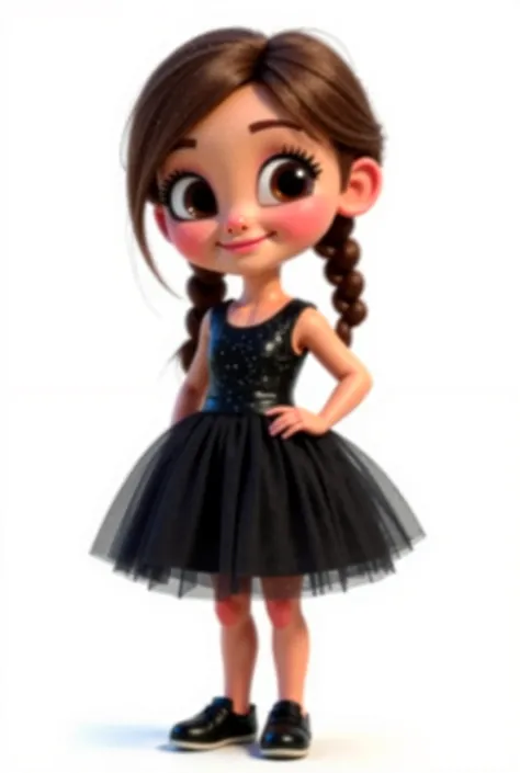 Create a Disney animation-style girl ,  centered and with an enchanting look . . She is dressed in a shiny black dress with shiny tulle that goes up to the knees.  This girl is approximately  ,  She is a bit chubby .  she has fair skin,  she has two boxing...