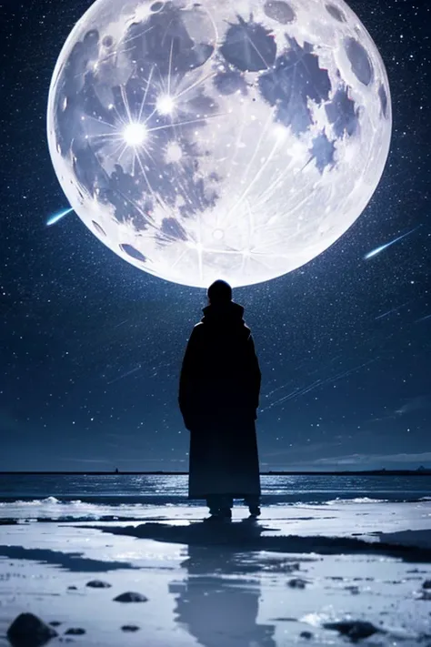  top quality,Big moon and shadow,A silhouette of a person can be seen against the backdrop of a large moon.,There is one full moon,There is a mood, beautiful scenery, starry sky 