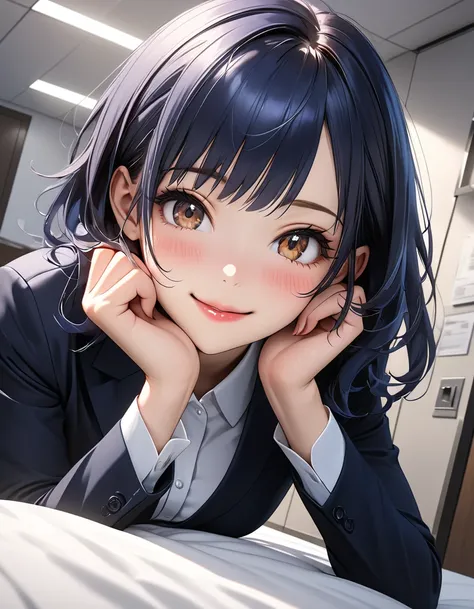 beautiful young business woman, solo, office lady, dark blue hair, asymmetrical bangs, brown eyes, Ultra-detailed eyes, beautiful detailed face, beautiful glossy lips, beautiful breasts, embarrassed smiling expression, elegant office attire, cinematic ligh...