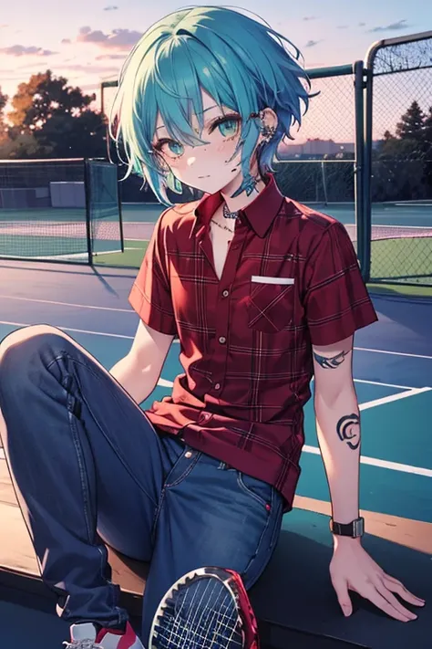 21 year old person, androgynous, nonbinary, flat chest, short hair, shaved hair on one side, turquoise hair, cute, anime, blue hour, outdoors, red plaid shirt, jeans, tennis shoes, green eyes, freckles, piercings, tattoosundefined, 
