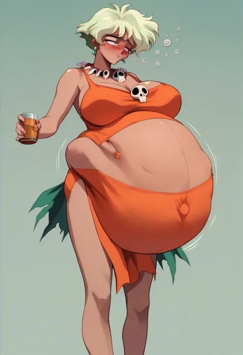 retro artstyle, 1990s \(style\), dark skin, short hair, green hair, blue eyes, ((Belly Stuffed)), ((Huge Belly)), ((Very drunk)), ((Staggers)), (Tight clothes), necklace, orange swimsuit, pelvic curtain, skull, big breasts, earrings,