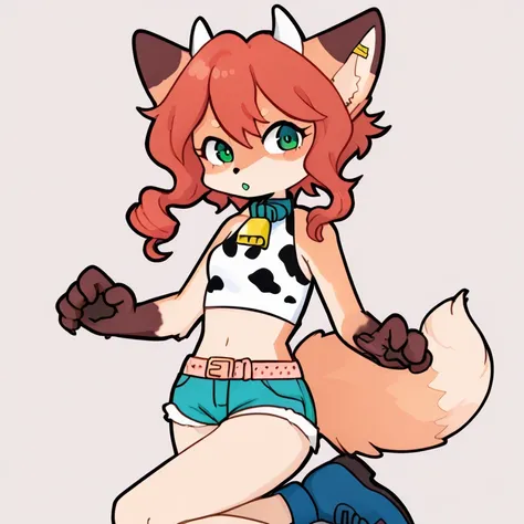 kemono furry, anthro fox, Iberic Fox , big boobs,  beating breats ,  brecier in white cow print with red polka dots  ,  turquoise denim shorts and pink belt and blue shoes .  Her hair is red haired and has a strange curly hairstyle with Lacio, Recogido sit...