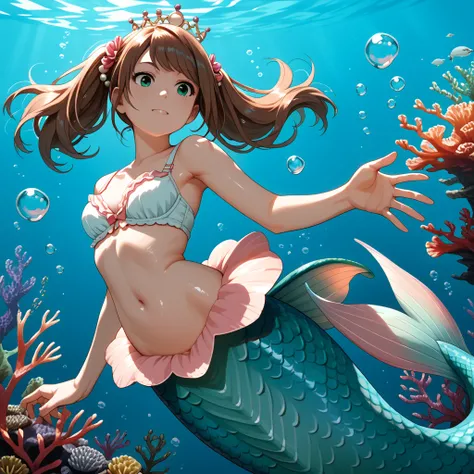 detailed background, shiny skin, posing, rating safe,
mizusaki, bra, belly, pearl crown, mermaid tail below waistline, pink mermaid tail, underwater sea background,