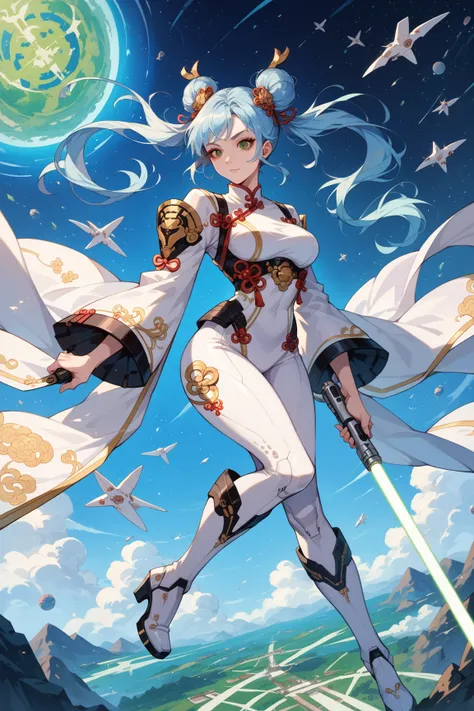 Best quality, beautiful (Asian:2) woman, light blue hair,pigtails, Chinese hair buns and ornaments, Green eyes,Colossal ,White Cybersuit,Bodysuits, battle boots, holding lightsaber, spaceship at the background in the space