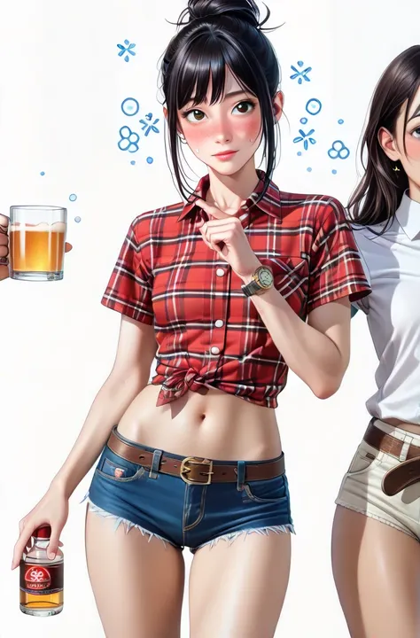  Japanese beautiful girl ,Naked flight attendants,(It's 1 :2.0),( watches viewers:1.0),(red plaid_micro short sleeve collared western shirt:1.1),( denim micro shorts:1.1),( slender body:1.2),(Hiccups face:1.5),real skin ,small breasts,  Shiny Black Hair, S...