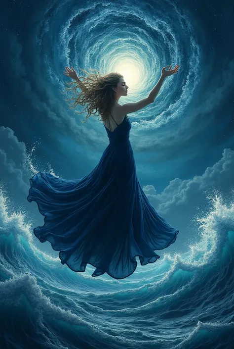 "A majestic woman in a dark blue dress hovers above the raging sea, her arms raised as spirals of water swirl around them. Giant waves rise toward the sky but do not touch her—she holds the storm in perfect balance. Her hair, woven from the mist of the nig...