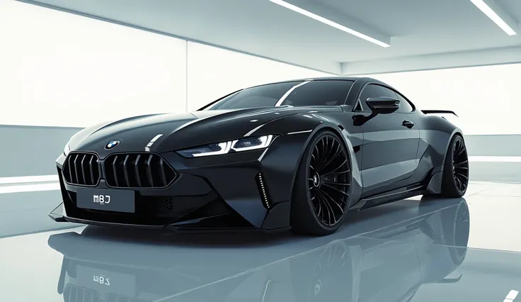 Generate the image exterior An ultra-realistic, futuristic right side view eof a  (2025 BMW M8 NEW Series)  (black) seating pristine showroom The frontal plate reads[ 2025 BMW M8 NEW Series]