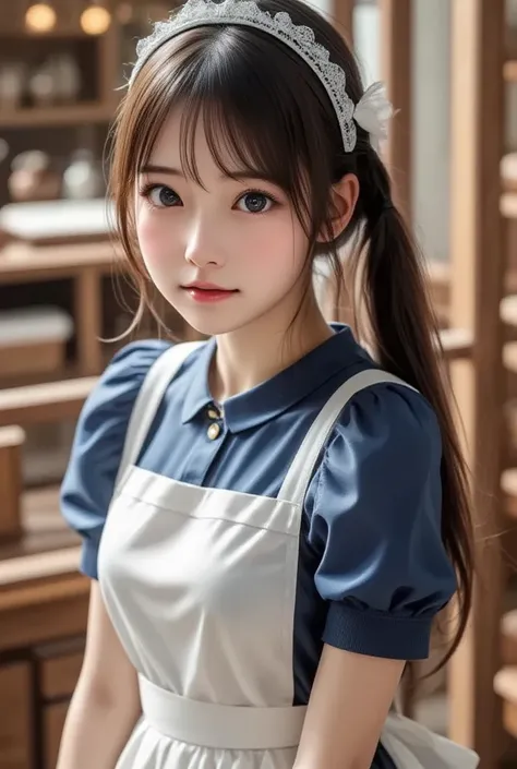 (super cute young face:1.4),
very beautiful cute girl,
sparkling clear large brown eyes,
exquisite smooth and silky long brown straight hair,
professional photogragh, 
(super shiny blue and white latex maid costume:1.4),
beautiful special designed costume,...