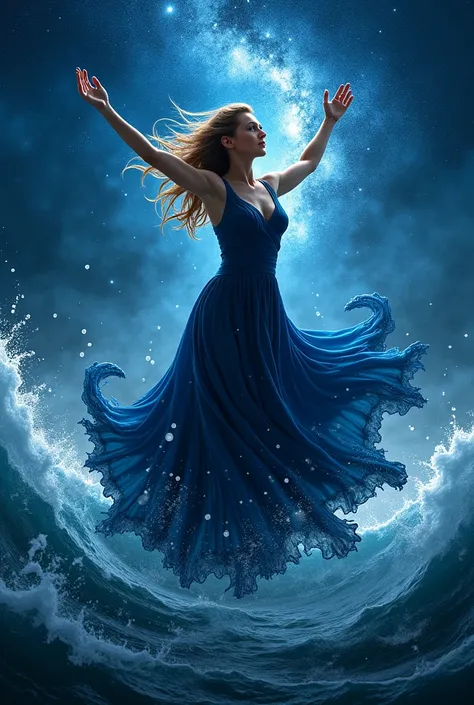 "A majestic woman in a dark blue dress hovers above the raging sea, her arms raised as spirals of water swirl around them. Giant waves rise toward the sky but do not touch her—she holds the storm in perfect balance. Her hair, woven from the mist of the nig...