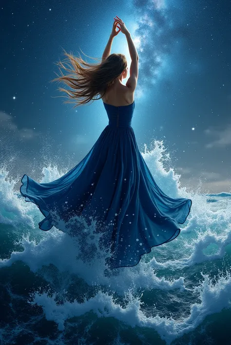 "A majestic woman in a dark blue dress hovers above the raging sea, her arms raised as spirals of water swirl around them. Giant waves rise toward the sky but do not touch her—she holds the storm in perfect balance. Her hair, woven from the mist of the nig...