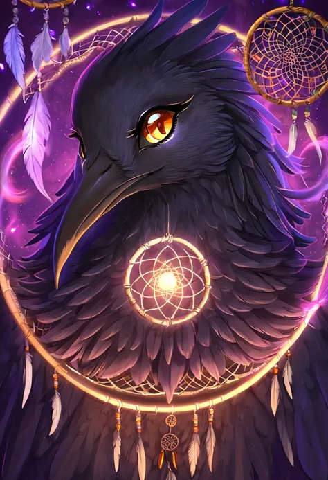 1girl, close up, portrait, female anthropomorphic raven, long beak, shiny black feathers, black cloak, amber eyes, dreamcatcher in background, purple magical energy