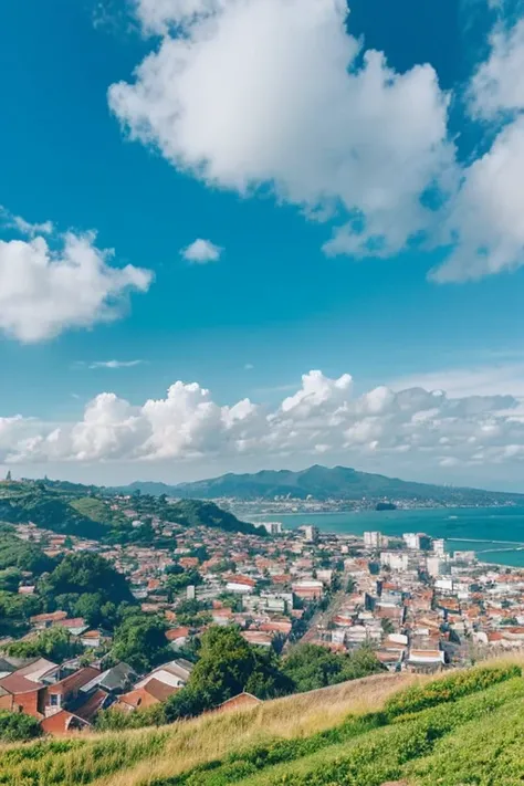  top quality、 Landscape、View from the hill、Spectacular views、Streetscape、blue sky、cloud、sea