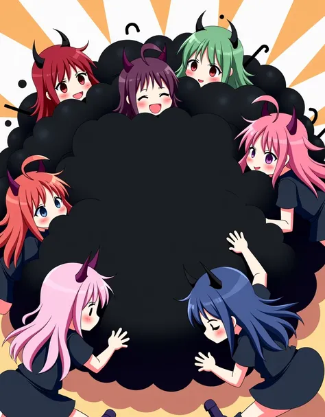 An anime-style illustration depicting many devil-girls playfully wrestling with each other inside a black comical fight cloud.
each devil-girl has different colored hair.
their faces,hands,and feet are visible emerging from the cloud as they tussle humorou...