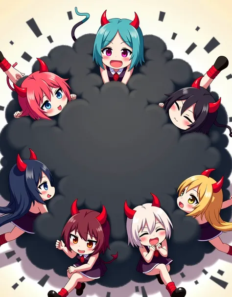 An anime-style illustration depicting many devil-girls playfully wrestling with each other inside a black comical fight cloud.
each devil-girl has different colored hair.
their faces,hands,and feet are visible emerging from the cloud as they tussle humorou...