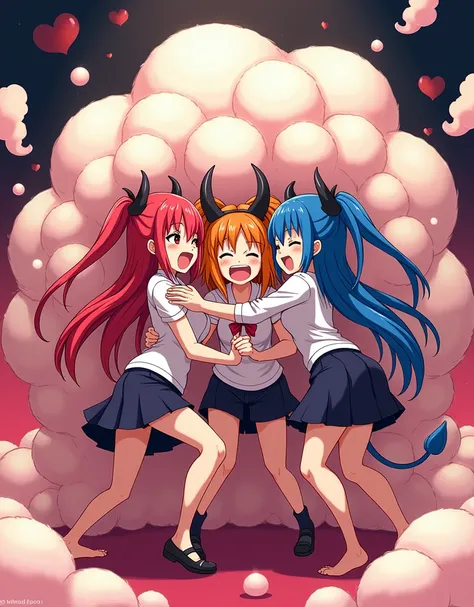 An anime-style illustration depicting many devil-girls playfully wrestling with each other inside a hell comical fight cloud.
each devil-girl has different colored hair.
their faces,hands,and feet are visible emerging from the cloud as they tussle humorous...