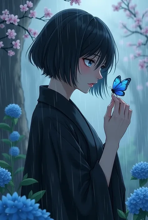 A woman, wearing a black robe. Black short hair, looking sad, Holding a blue buttlerfly, heavily raining, There are cherry blossoms around it, Blue Hydrangea, and forget-me-not flowers. Be in a cool place, calm, and peace.