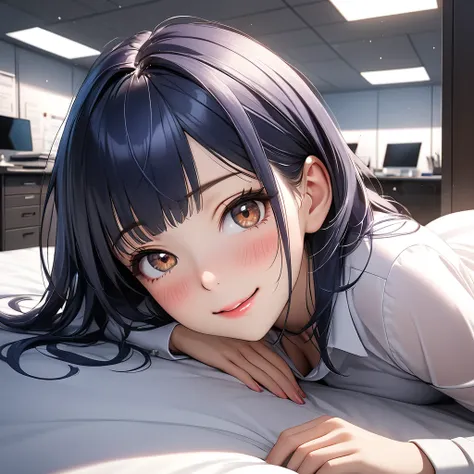 beautiful young business woman, solo, office lady, dark blue hair, asymmetrical bangs, brown eyes, Ultra-detailed eyes, beautiful detailed face, beautiful glossy lips, beautiful breasts, embarrassed smiling expression, elegant office attire, cinematic ligh...