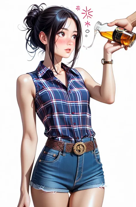  Japanese beautiful girl ,Naked flight attendants,(It's 1 :2.0),( watches viewers:1.0),(red and black plaid _sleeveless collared cowgirl shirt:1.1),( denim micro shorts:1.1),( slender body:1.2),(Face when hiccups appear:1.4),real skin ,small breasts,  Shin...