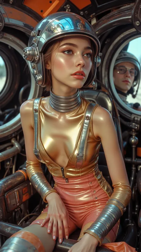 A cinematic full body retro50s_style A high-angle shot of a strikingly beautiful skinny slim  girl with a fierce and independent spirit.A cinematic photo in sci-fi style of Natalia, a  female pilot, photorealistic, highly detailed, beautiful  girl with sho...