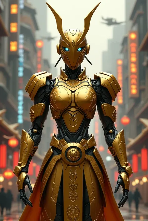 Golden cross-arm robot with futuristic Chinese background, Samurai dress of the future 