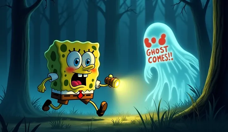 Create a script that thumbnails youTube on spongbob sikejar, a ghost in the middle of the forest while running a flashlight

Here's a script for YouTube featuring SpongBob was chased by a ghost in the middle of the forest while running and holding a flashl...