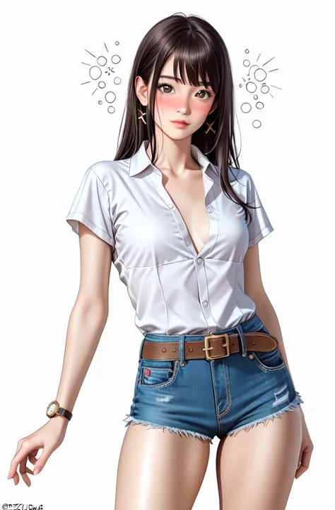  Japanese beautiful girl ,Naked flight attendants,(It's 1 :2.0),( watches viewers:1.0),(brown short sleeve collared western shirt:1.1),( denim micro shorts:1.1),( slender body:1.2),(hiccupping face :1.2),real skin ,small breasts,  Shiny Black Hair, Super D...