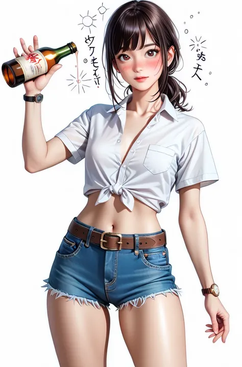  Japanese beautiful girl ,Naked flight attendants,(It's 1 :2.0),( watches viewers:1.0),(brown short sleeve collared western shirt:1.1),( denim micro shorts:1.1),( slender body:1.2),(hiccupping face :1.2),real skin ,small breasts,  Shiny Black Hair, Super D...