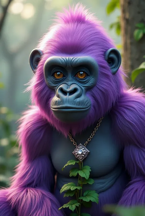  A gentle giant gorilla with bright purple hair ,  with shades ranging from light lilac to dark purple ,  and bright green eyes . The ears are flower-shaped ,  wears a diamond necklace and has a climbing plant as a dress