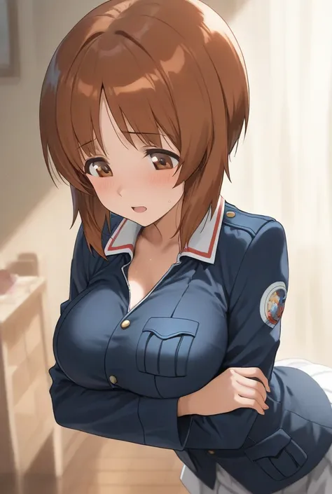 nishizumi miho,large breasts,ooarai military uniform,