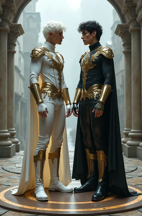 Full body photorealistic shots of handsome hunky slender male Twins.
( White hair. Wearing a white and gold silk spandex costume with gloves belt and boots. Standing on the magic circle)
( Black hair. Wearing a black and silver silk spandex costume with gl...