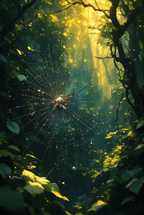 Surrealism, 8K quality, allegorical scene, a spider's web quietly spun in a deep forest, the spider and the countless droplets of water on the web shining in the sunlight filtering through the trees, it's beautiful.