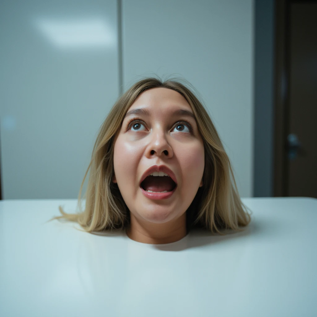 A woman disembodied head on a white table. Her eyes are wide opened, her mouth is wide opened, her tongue is sticking out of her mouth a little