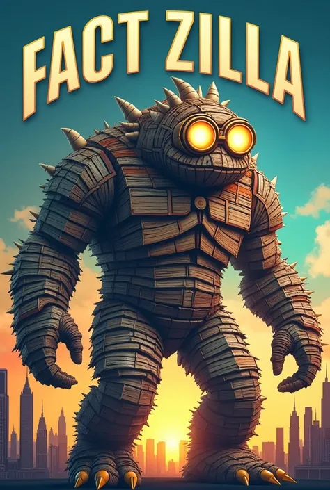 Create an image featuring a giant, monster-like creature named "Fact Zilla," made entirely of books, documents, and newspapers. The creature stands tall against a city skyline, with stacks of books forming its body and scrolls for arms. It has glowing eyes...