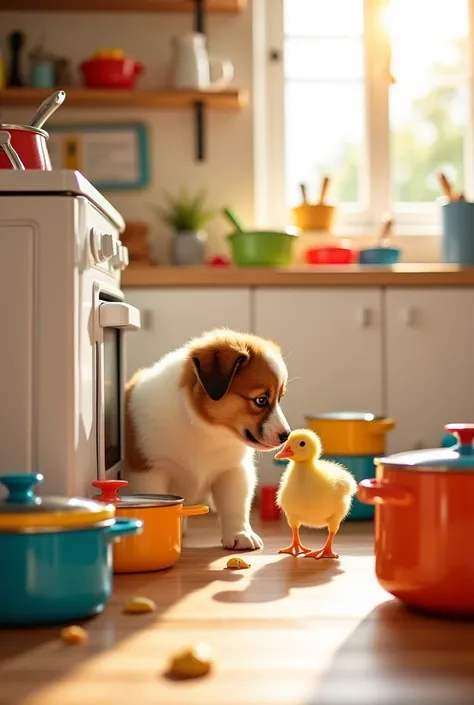 A cheerful kitchen scene with colorful pots and pans scattered around. The puppy, a fluffy brown and white dog, is playfully sniffing at the counter, while the baby duck, with soft yellow feathers, waddles happily on the floor. The room is filled with warm...