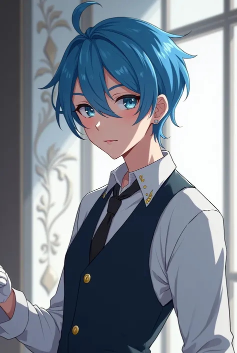 Anime Boy, Blue Hair, blue eyes, Elegant waiter suit, white groves, 2D Style