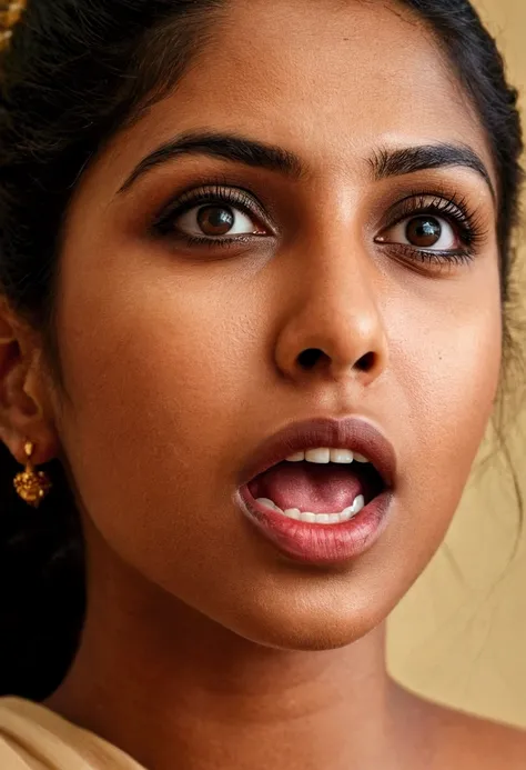 Ultra detailed photo of malayali woman, beautiful girl, highest quality realistic skin, eyes in focus, 25 years old, focus on mouth, open mouth, saliva, open mouth wide, inside of mouth visible, ponytail hair, mouth open wide, uvula visible, mouth open wid...