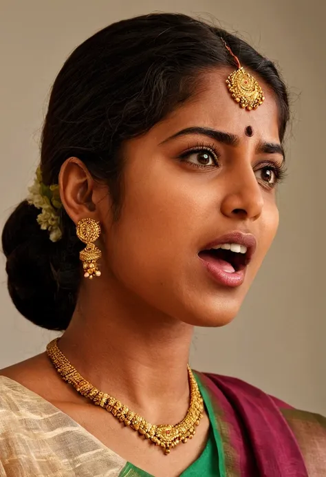 Ultra detailed photo of malayali woman, beautiful girl, highest quality realistic skin, eyes in focus, 25 years old, focus on mouth, open mouth, saliva, open mouth wide, inside of mouth visible, ponytail hair, mouth open wide, uvula visible, mouth open wid...