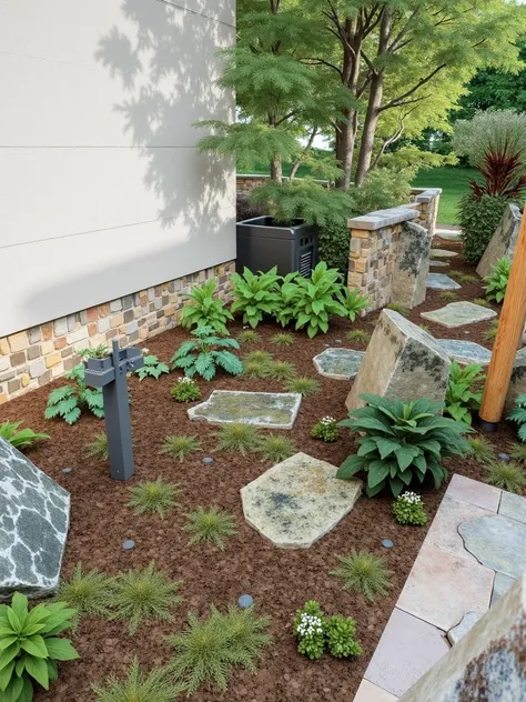 Pictures similar to this garden should be created.  photorealistic. The same stones must definitely be used 