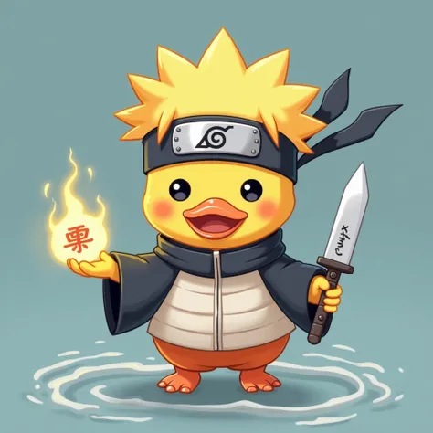 A cute little yellow duck wearing a Naruto costume, a Konoha village headband, a white Hokage costume, and nine tails. He is placing his right hand with aura on the water surface with a summoning symbol, and his left hand is holding a ninja knife weapon "K...