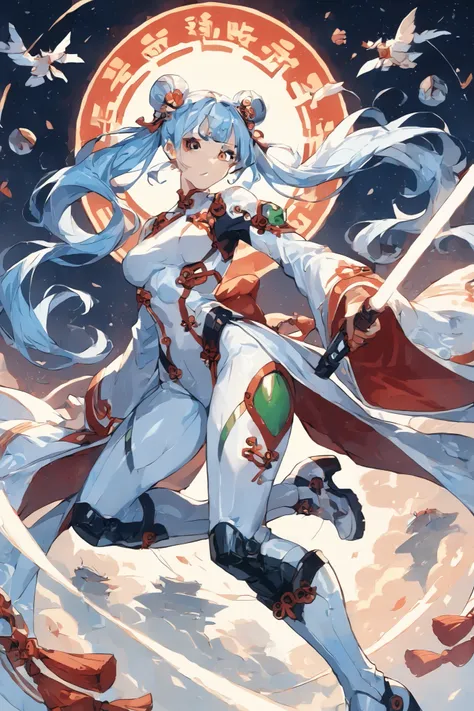 Best quality, beautiful (Asian:2) woman, light blue hair,pigtails, Chinese hair buns and ornaments, Green eyes,Colossal ,White Cybersuit,Bodysuits, battle boots, holding lightsaber, spaceship at the background in the space