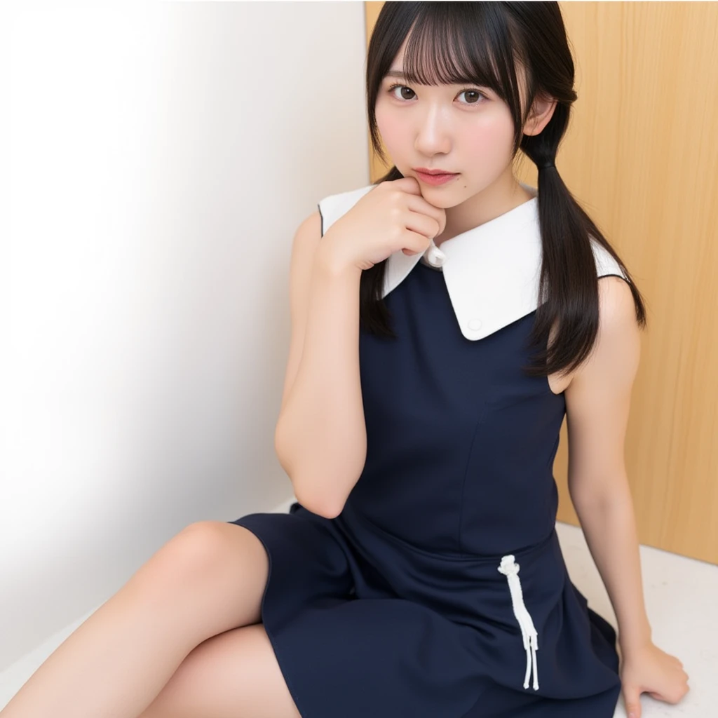 A young Asian woman named kahorin sitting on the floor with her legs crossed. She is wearing a navy blue sleeveless dress with a white collar and a small white button on the chest. She has long straight hair, styled in two low ponytails and she is looking ...